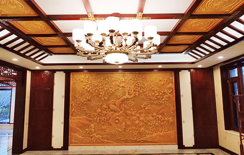 建邺中式别墅客厅中式木作横梁吊顶装饰展示